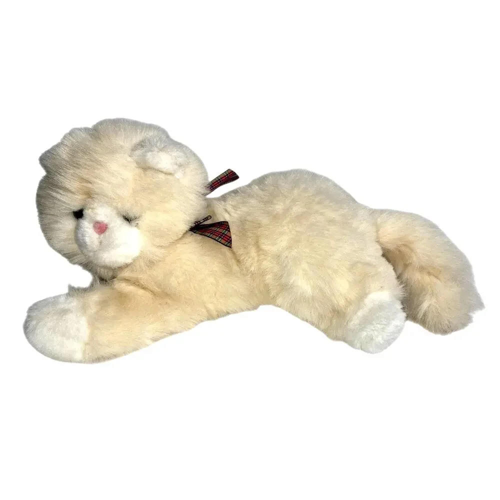 Vintage 1990s Commonwealth Toy Persian Style Plush Cat Beige Plaid Bow 13